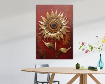 Golden Sunflower on Deep Red Background by De Muurdecoratie
