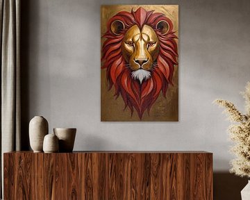 Peinture d'un lion doré à la crinière rouge sur De Muurdecoratie