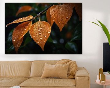 Dewdrops on Orange Summer Leaves by De Muurdecoratie