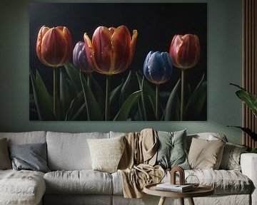 Tulip display with water drops in colour by De Muurdecoratie