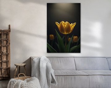 Tulipe jaune brillante dans l'obscurité sur De Muurdecoratie