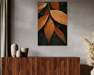 Dewdrops on Orange Summer Leaves by De Muurdecoratie
