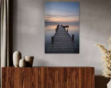 Houten Steiger Mistige Dageraad Stille Zee
