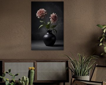 Élégant vase noir avec fleur beige sur De Muurdecoratie