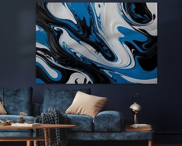 Abstracte vloeistofkunst in blauw en zwart van De Muurdecoratie