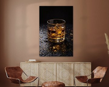 Amber Whisky in Glas met Gouden Accenten van De Muurdecoratie