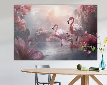 Beautiful flamingos in the water, art design by Animaflora PicsStock