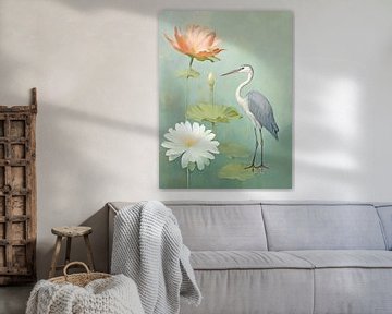 Blue Heron and Water Lily by Caroline Guerain