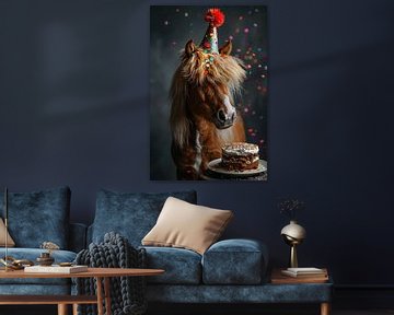 Grappig paard viert verjaardag met taart en hoed van Poster Art Shop