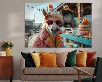 Paard met feestmuts en zonnebril viert een verjaardag van Poster Art Shop