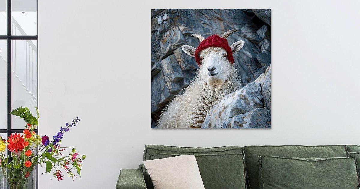 Dierenportret berggeit met rode muts van Vlindertuin-Art op canvas ...