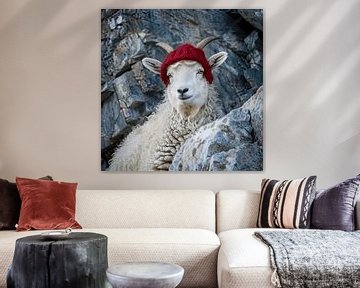 Tierporträt Bergziege mit roter Mütze von Vlindertuin Art
