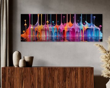 Bunte Acrylfarbe, die mit flüssigen Tropfen tropft, auf schwarzem Hintergrund Kunst Design