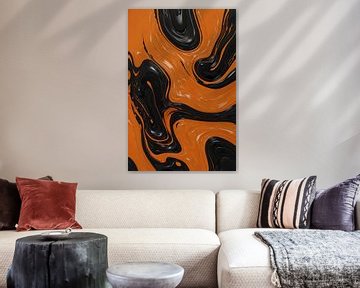 Dynamische abstrakte Kunst in Orange und Schwarz von De Muurdecoratie