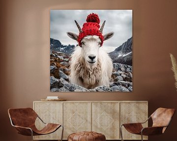 Portrait Mountain goat with winter red wool cap by Vlindertuin Art