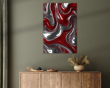 Abstrakte fließende Dynamik in Silber und Rot von De Muurdecoratie