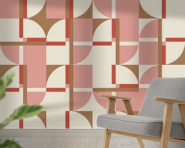 Modern abstract geometric pattern in coral pink, brown and white no.  2
