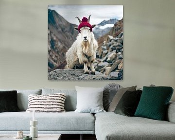 Mountain goat with hat high in the Alps by Vlindertuin Art