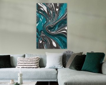 Dynamische turquoise zilveren abstracte werveling van De Muurdecoratie