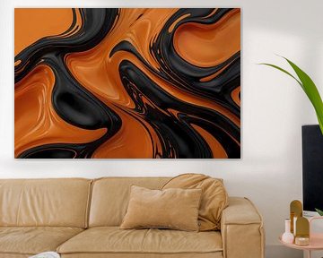 Design liquide dynamique orange et noir sur De Muurdecoratie