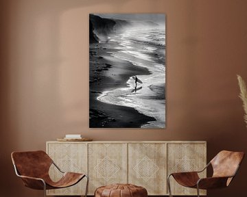 Eenzame surfer op het strand met surfplank bij zonsondergang van Poster Art Shop