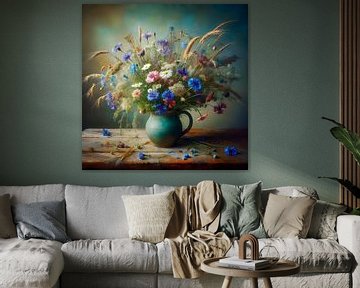 Stilleven, vaas met korenbloemen en veldbloemen van Jessica Berendsen