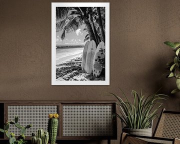 Zwart-witfoto met surfplanken op een tropisch strand van Felix Brönnimann