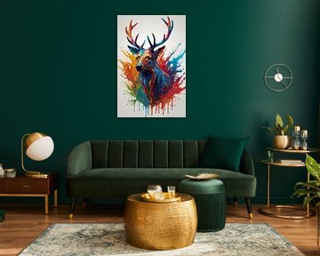 Cerf abstrait coloré dans l'art moderne sur De Muurdecoratie