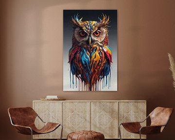 Danse abstraite en couleurs d'un hibou sur De Muurdecoratie