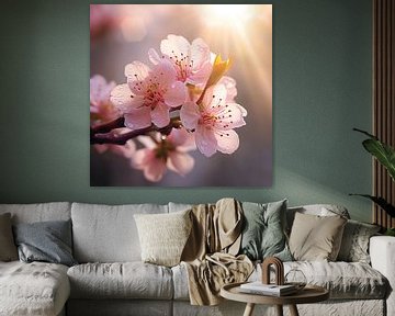 Bloesem kunstwerk vierkant zonnig kersenbloesem bloem roze zon natuurlijk