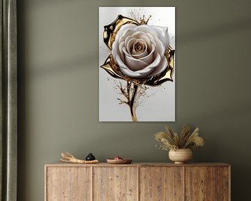 Golden Splashes and White Rose Artwork by De Muurdecoratie
