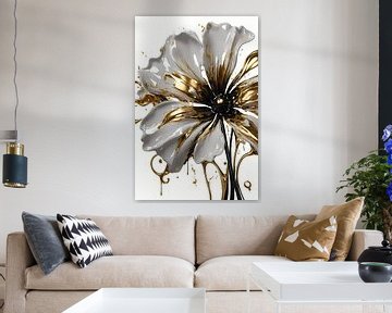 Abstract Gold Flower on White by De Muurdecoratie