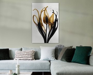 Silhouette abstraite de tulipes dorées et noires sur De Muurdecoratie