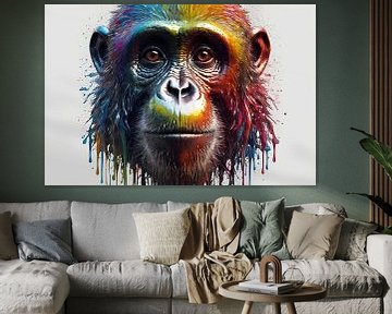 Portrait coloré d'un singe avec de la peinture sur De Muurdecoratie