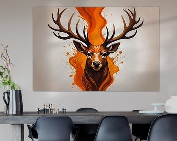 Fiery deer head with orange abstraction by De Muurdecoratie