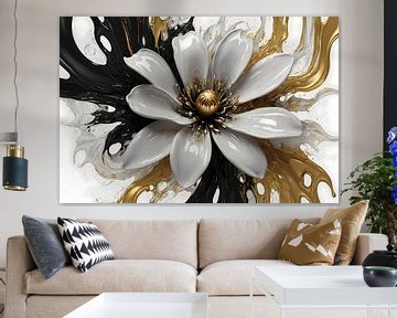 Wavy Gold and White Floral Design by De Muurdecoratie