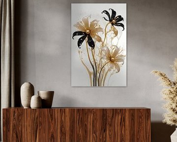Abstract Silhouettes of Golden Flowers by De Muurdecoratie