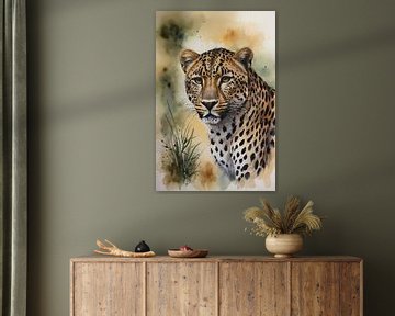 Alert Leopard in Warm Watercolour Shades by De Muurdecoratie