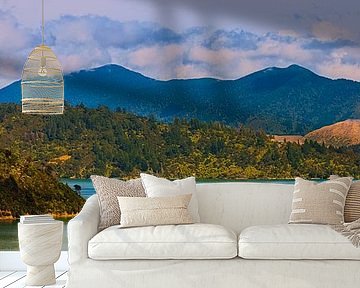 Panorama van de Te Mahia baai in de Marlborough Sounds