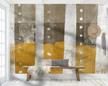 Modern abstract art. Shapes in golden yellow, warm brown and white.