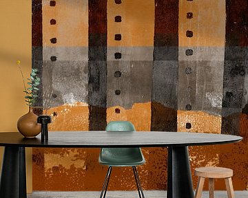 Moderne abstrakte Kunst. Formen in rostigem Braun, Taupe, warmem Gelb.