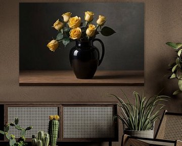 Black vase with yellow roses still life by De Muurdecoratie