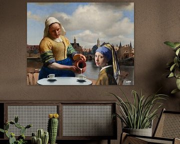 Vermeer Melkmeisje en Meisje met de Parel aan Gezicht op Delft