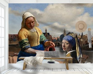 Vermeer Melkmeisje en Meisje met de Parel aan Gezicht op Delft van Miauw webshop