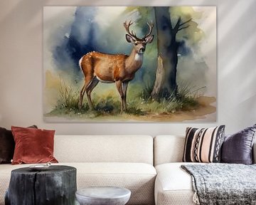 Stately Deer in Colourful Forest Light by De Muurdecoratie