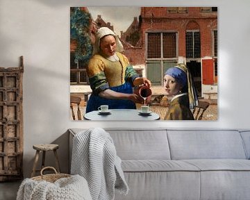 Vermeer Milchmädchen und Mädchen mit dem Perlenohrring in Straße in Delft von Miauw webshop