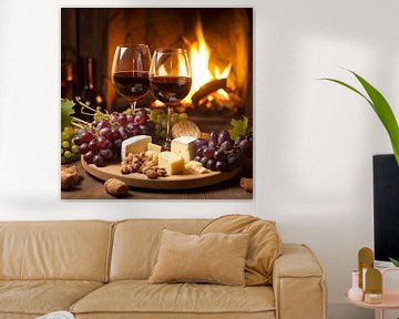 Still life of wine, cheese and fireplace by Black Coffee