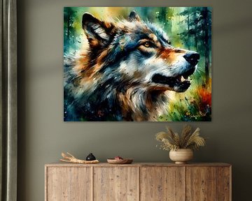 Wilde dieren in aquarel - Huilende wolf 2 van Johanna's Art