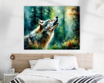 Wilde dieren in aquarel - Huilende wolf 3 van Johannas Art Creations