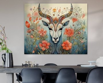 Malerei Antilope Blumen von Abstraktes Gemälde